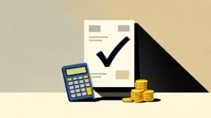 Invoice document with green checkmark and calculator on cream background, free invoice generator illustration
