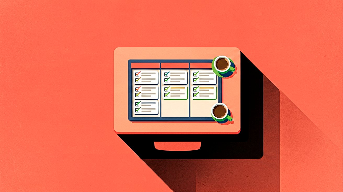 Kanban board with task cards and progress chart, project management tool illustration