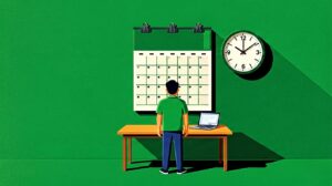 Desk calendar with clock and freelance schedule, appointment scheduling illustration