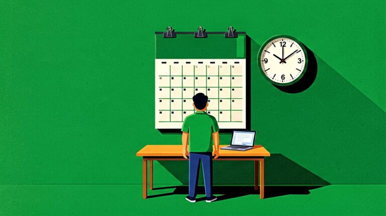Desk calendar with clock and freelance schedule, appointment scheduling illustration