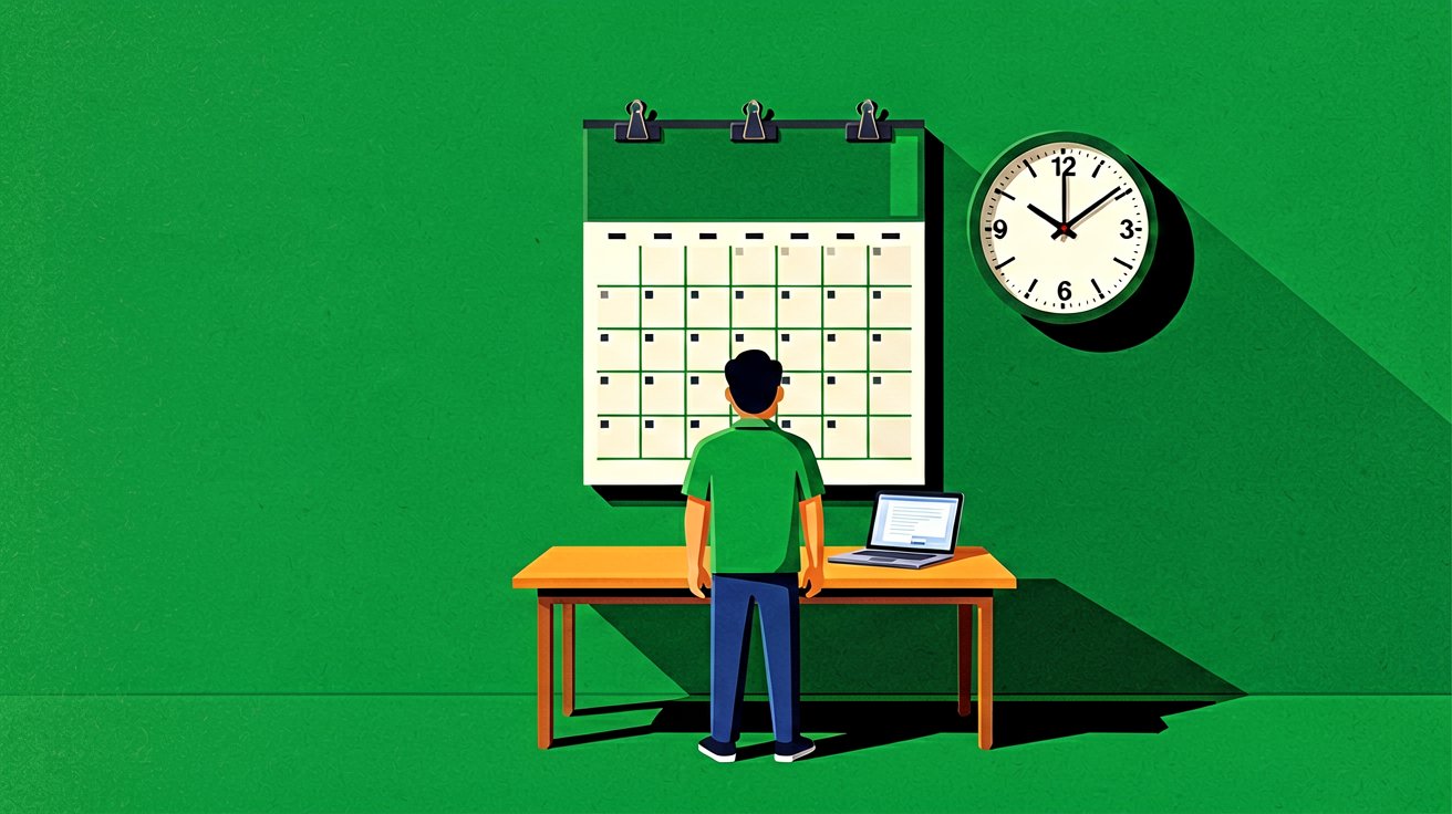 Desk calendar with clock and freelance schedule, appointment scheduling illustration