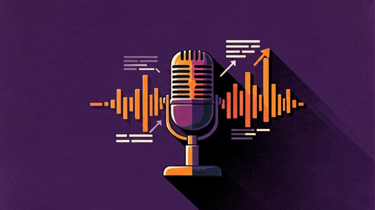 Microphone with sound waveform and transcription lines, AI meeting notes illustration