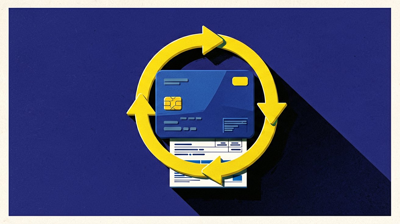 Credit card with circular recurring payment arrow loop, Stripe recurring invoices illustration