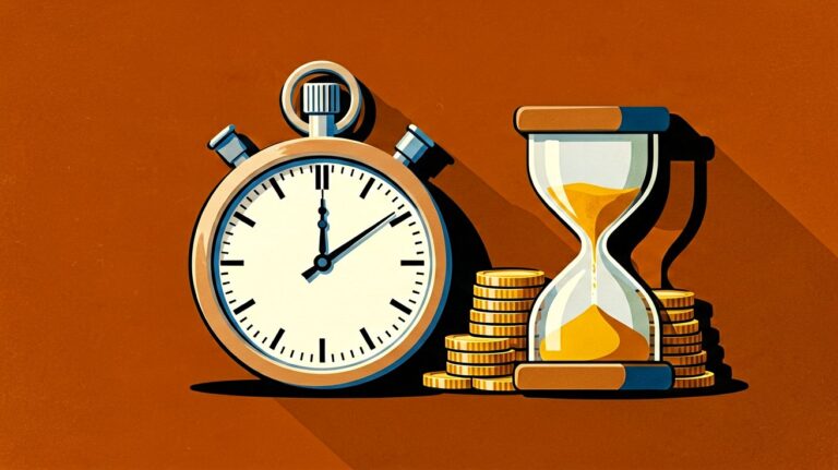 Stopwatch and hourglass with coin stack, billable hours tracking illustration