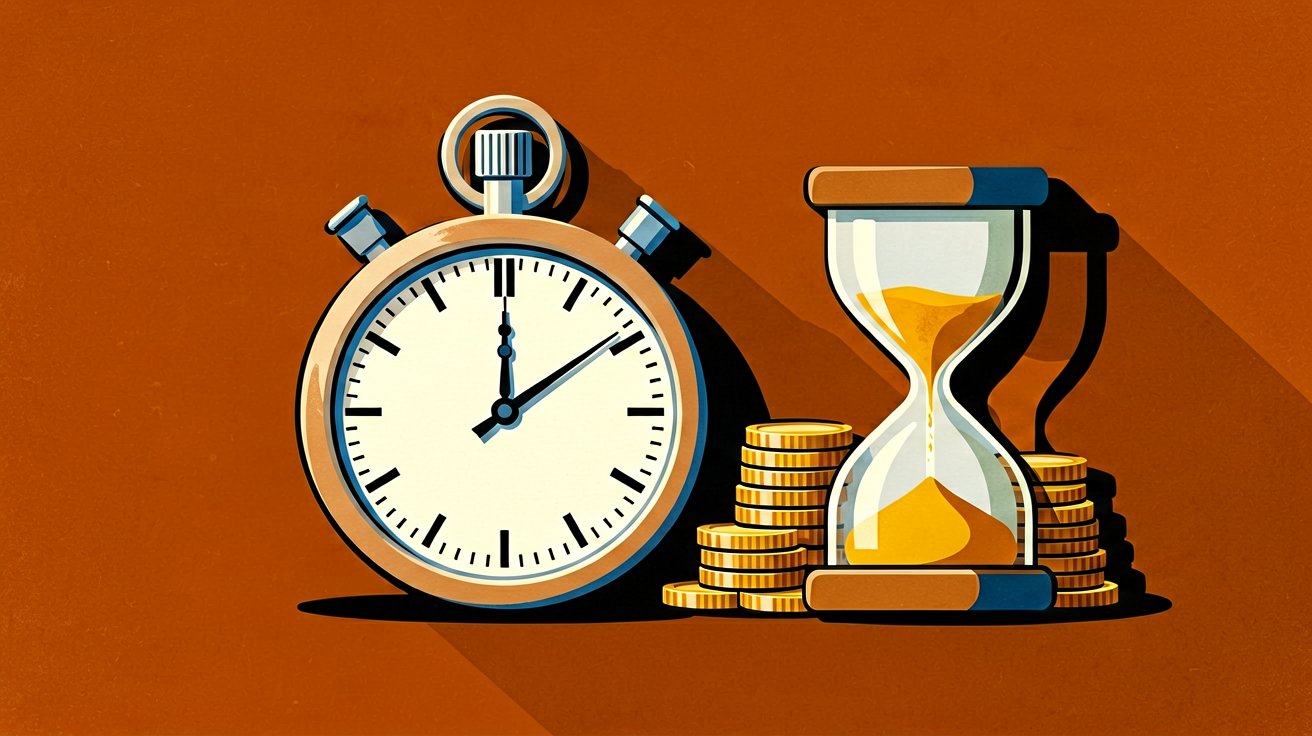 Stopwatch and hourglass with coin stack, billable hours tracking illustration
