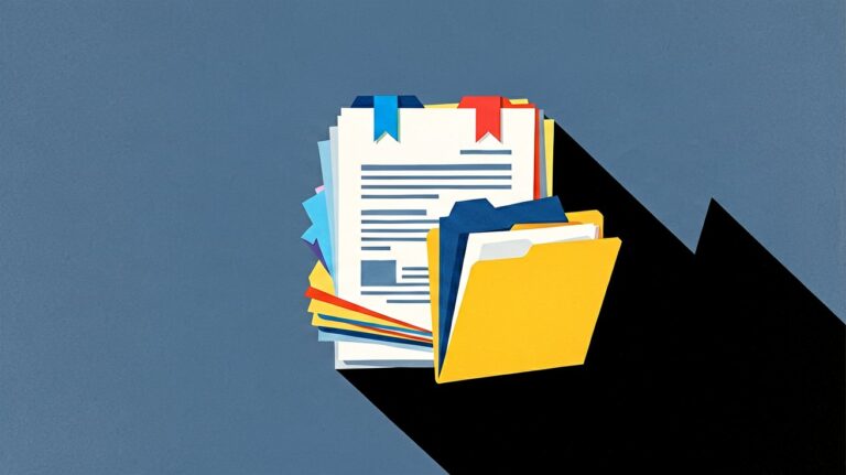 Stacked documents and folders with bookmark tabs, Notion alternatives illustration