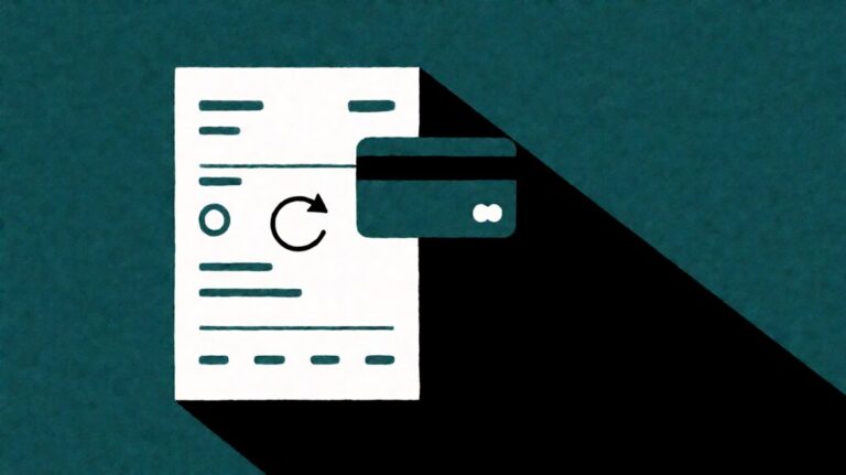 Stylized Stripe recurring-invoice invoice document with circular arrow indicator and credit card