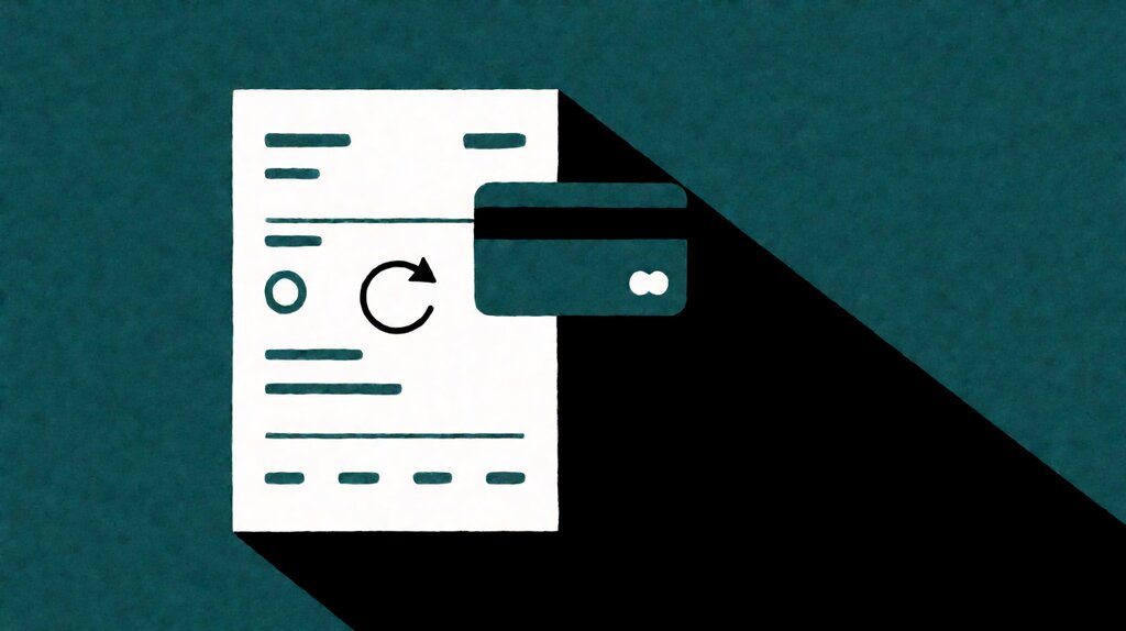 Stylized Stripe recurring-invoice invoice document with circular arrow indicator and credit card