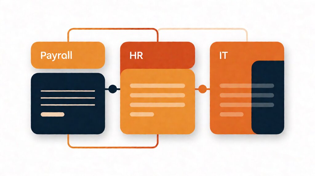 Editorial illustration of a side-by-side comparison between Gusto's bundled and Rippling's modular payroll philosophy