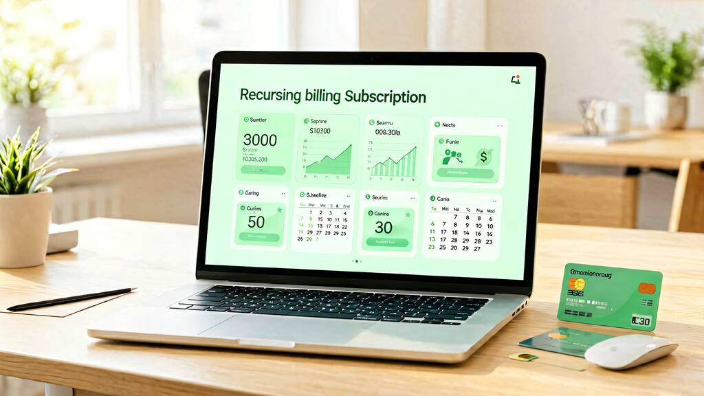 Recurring billing dashboard on laptop with calendar and credit card