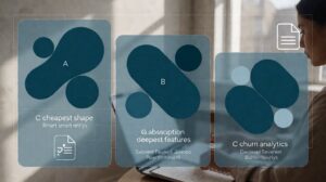 Editorial illustration of three subscription-billing platforms on a layered comparison grid
