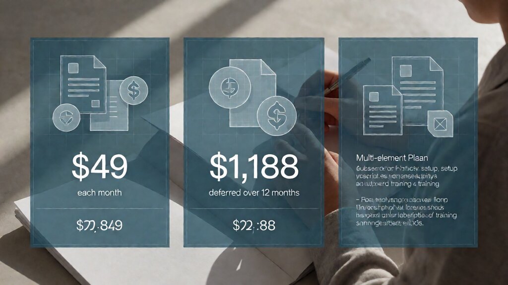 Editorial illustration showing ASC 606 SaaS revenue recognition pattern for monthly annual and multi-element contracts