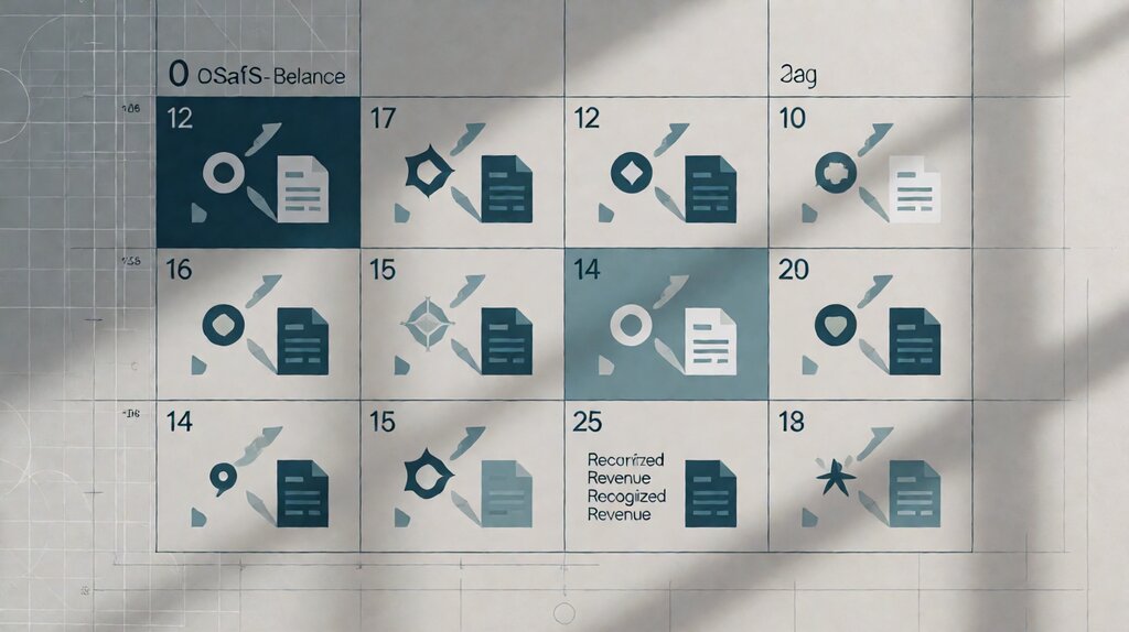 Editorial illustration showing ASC 606 SaaS revenue recognition as a 12-month deferred revenue calendar