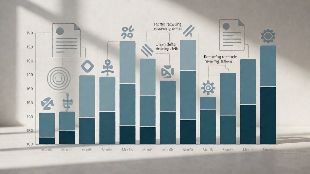 Editorial illustration of subscription billing flow from customer card capture through scheduled charge to revenue recognition