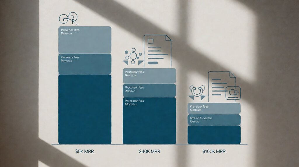 Editorial illustration of subscription billing cost breakdown showing platform fee processor fee and module add-on cost components