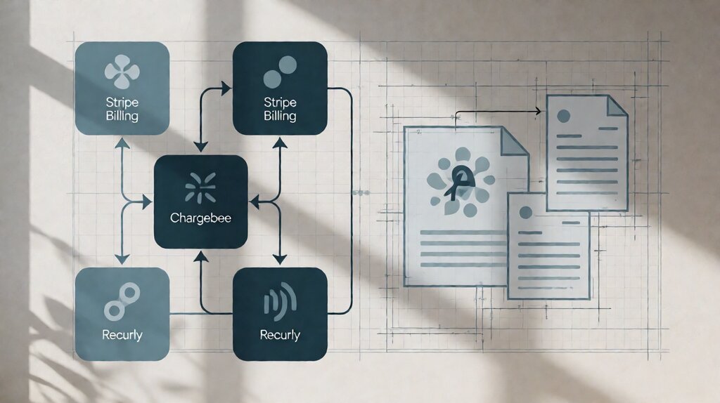 Editorial illustration of subscription billing vs recurring payments comparison showing lifecycle layer on top of payment processor