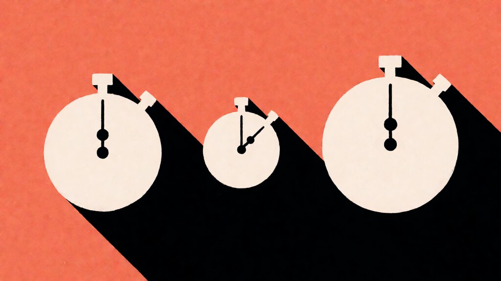 Three abstract stopwatch dials and three time bar charts in a horizontal grid on a warm coral background