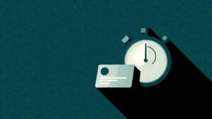 Flat editorial illustration of an abstract stopwatch dial and a small task card on a deep teal background