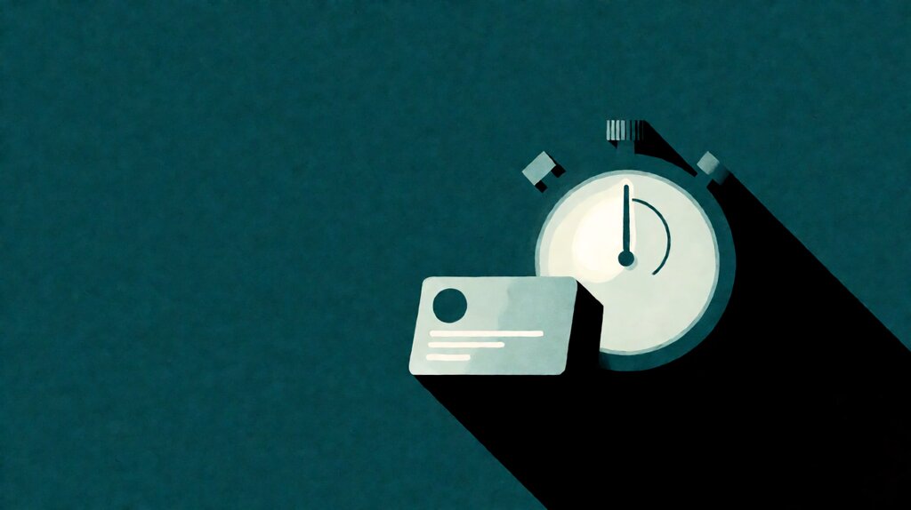 Flat editorial illustration of an abstract stopwatch dial and a small task card on a deep teal background