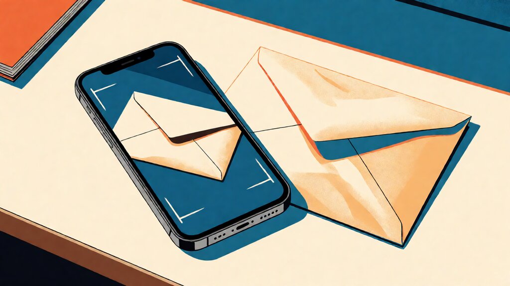 Smartphone showing a digital mailbox dashboard next to a real envelope on a desk