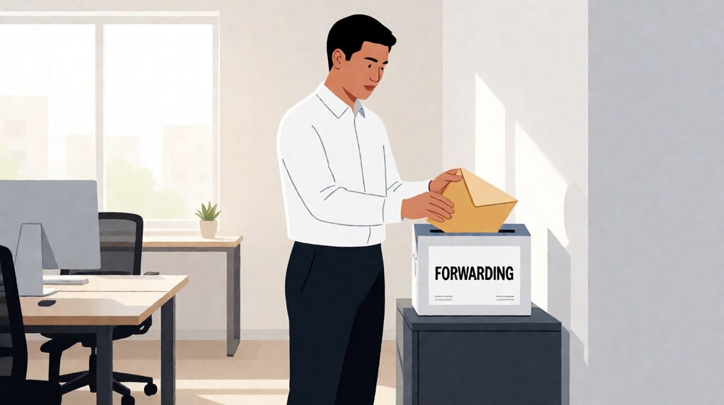 A diagram of a virtual mailbox envelope arriving at a facility, getting scanned, and getting routed to a forwarded shipment