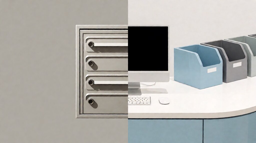 A real USPS PO Box and a CMRA virtual mailbox facility entrance side by side, side by side illustration